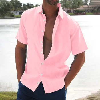 Модные летние льняные рубашки 2023 для мужчин, повседневные рубашки с короткими рукавами, блузки с однотонным отложным воротником, уличная мужская одежда