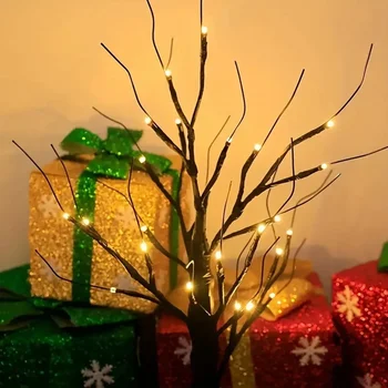 1ШТ 24 светодиодных фонаря на березовой елке с регулируемыми ветвями, елочная лампа на батарейках для вечеринок, мероприятий на свежем воздухе в спальне, Рождественского декора