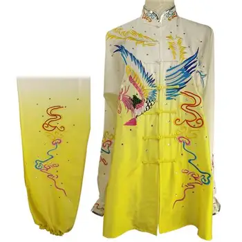 настройте градиентную желтую Вышивку цветком феникса с блестками одежда для боевых искусств одежда для ушу костюмы для тайцзицюань униформа для кунг-фу
