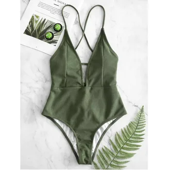Цельный купальник с застежкой на крючок сзади, женский однотонный зеленый бандажный купальник, пляжный Монокини с открытой спиной, купальный костюм 2022 г.