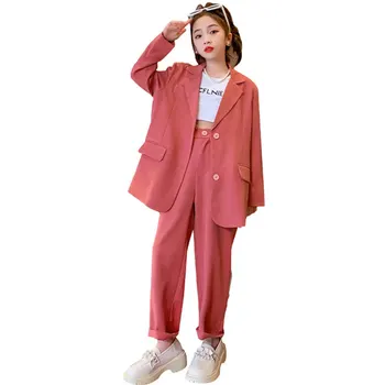Костюм для девочек, осенне-весенний повседневный блейзер с длинными рукавами, брюки-двойка, детские костюмы, официальный комплект розовых курток, 10 12 13 лет