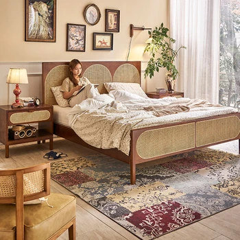 Кровать из массива дерева, сплетенная из скандинавского ротанга, современная и простая 1,5-метровая двуспальная кровать, главная спальня, деревянная в японском стиле 1,8-метрового ретро