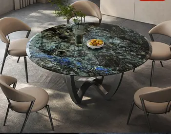 Круглый обеденный стол из светлого роскошного мрамора для домашнего использования, элитная вилла, натуральный роскошный камень голубой нефрит, обеденный стол на шесть персон и
