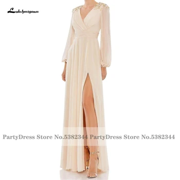 Lakshmigown Элегантные платья для матери невесты с длинным рукавом 2024 Vestidos с V-образным вырезом, шифоновые длинные вечерние платья с разрезом сбоку