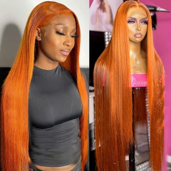 Бразильский цветной 180% Прозрачный Кружевной Фронтальный парик 13х4 Апельсиново-Имбирный Прямой парик из человеческих волос с косточкой длиной 30-32 дюйма
