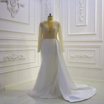 AM1424 роскошный жемчуг полные обнаженные тела топ с длинным рукавом 2 в 1 свадебное платье русалка