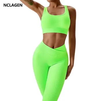 NCLAGEN, Комплект из 2 предметов, женская спортивная одежда, весенний костюм для фитнеса с перекрестными ремешками на спине, быстросохнущий спортивный бюстгальтер, брюки, одежда для спортзала, тренировки