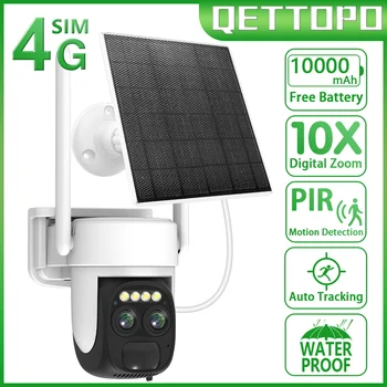 Qettopo 4K 8MP 4G Sim-карта с двумя объективами WIIF Солнечная камера Аккумулятор PIR Обнаружение человека Наружная камера видеонаблюдения