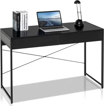 44-дюймовый Компьютерный стол с 2 Ящиками для хранения, Домашний Офисный стол со Стальной рамой, Простое Рабочее место для письма (Черный)