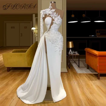 Элегантное вечернее платье с высоким воротом и одним плечом, белое кружевное платье с 3D аппликацией и цветами, платье для выпускного вечера с разрезом в Дубае, праздничное платье