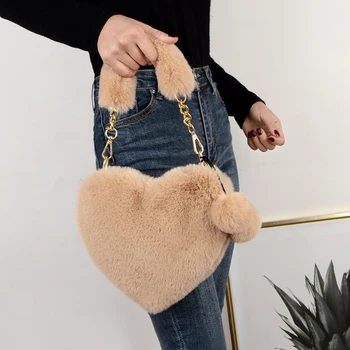 Модная женская плюшевая сумочка в виде кавайного сердечка, милая сумка через плечо с меховой цепочкой, зимние теплые сумки на плечо из искусственного меха, кошелек