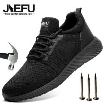 Новая легкая защитная обувь JIEFU для мужчин и женщин, рабочие кроссовки со стальным носком, нескользящие дышащие строительные кроссовки