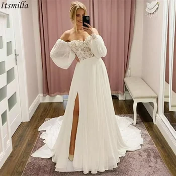 Itsmilla Шифоновое свадебное платье трапециевидной формы с рукавами-блузонами, расшитыми бисером и кружевной аппликацией, платья для невесты с разрезом сбоку