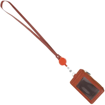 Вертикальный держатель для бейджа, удостоверения личности со съемным шнурком на шее и поворотным зажимом (коричневый)