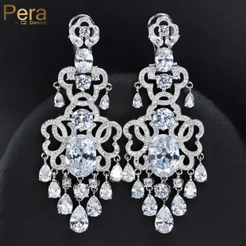 Свадебные украшения известного бренда Pera, большие эффектные длинные висячие серьги-капли для женщин с блестящим белым кубическим цирконием E239
