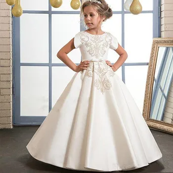 Красивые детские платья с золотой вышивкой для девочек-цветочниц на свадьбу с круглым вырезом, элегантные платья для девочек для Первого Святого Причастия
