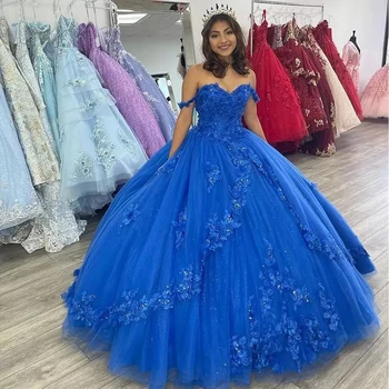 ANGELSBRIDEP Королевское Синее Бальное платье с Открытыми Плечами, Пышное платье, Vestidos De 15 Anos, Модное Вечернее платье Принцессы из Тюля С 3D Цветами