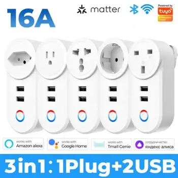 16A Tuya Matter WiFi Smart Plug С 2 USB Зарядными устройствами EU US AU UK BR Сетевой Адаптер Smart Life Control Socket Через Alexa Google Home