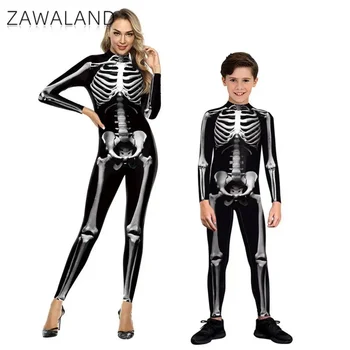 ZAWALAND, подходящие наряды для Хэллоуина, с 3D принтом скелета, Зентай, косплей, вечеринка для родителей и детей, сексуальный комбинезон из спандекса