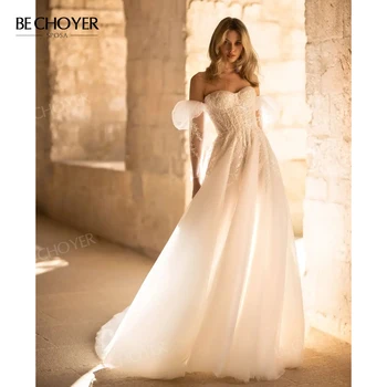 Свадебное платье 2 В 1 С длинным рукавом 2024 Boho Милая Трапециевидное Платье Невесты Для вечеринки Принцессы BECHOYER EL284 Плюс Размер Vestido de Noiva