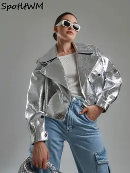 Шикарные женские куртки из серебристой искусственной кожи, элегантное пальто из искусственной кожи со свободным отворотом и длинными рукавами, осеннее женское модное мотоциклетное пальто 2023 года