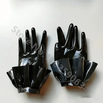 Бесплатная доставка! Унисекс, черные латексные короткие перчатки с кружевными варежками, фетиш-перчатки резиновые