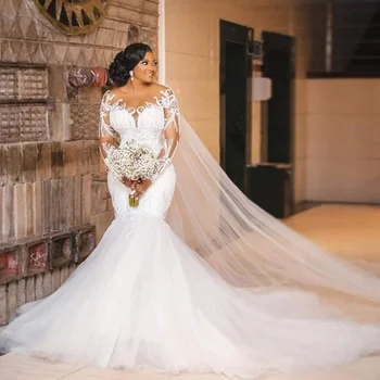 2023 Новых свадебных платьев русалки больших размеров, женское свадебное платье в пол с прозрачным вырезом и длинными рукавами в африканском стиле.