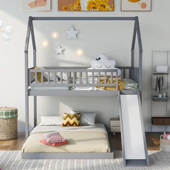 Двухъярусная кровать Twin over Full House, с горкой и приставной лестницей, ограждение для защиты от падения, двуспальная кровать, детская кровать