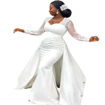 Великолепное свадебное платье Русалки из Атласа с квадратным вырезом и съемным кружевным шлейфом С длинным рукавом, Женское Черное пляжное свадебное платье