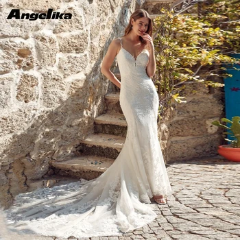 Свадебные платья Angelika на винтажных бретельках, без рукавов, с аппликацией в виде трубы, фатиновое свадебное платье на пуговицах, вечернее платье для свадьбы