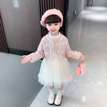 Платье для девочек 2023, весна-осень, куртка с длинными рукавами в корейском стиле + Сетчатый жилет принцессы, платье для детей, модный комплект детской одежды