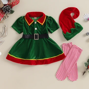 Рождественские наряды для девочек от 0 до 5 лет, бархатное платье трапециевидной формы с короткими рукавами и отворотами + Шляпа Санта-Клауса + Чулки в полоску, детская одежда