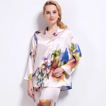 Шелковая пижама женская весна лето свободный костюм с длинным рукавом шелк шелковицы шелк-стрейч домашняя одежда осень