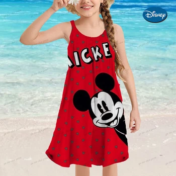 Платья с принтом Disney Minnie Mickey Mouse без рукавов для маленьких девочек Одежда Детское летнее платье принцессы Детское праздничное платье Наряд