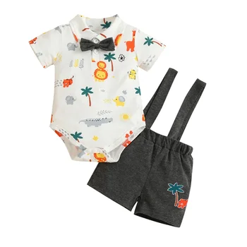 Новорожденный младенец мальчики Джентльмены наряды одежда лето мультфильм животных печать галстук-бабочка комбинезон и ремни комбинезоны шорты 2 шт. Комплект