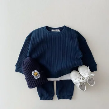 Корейские комплекты детской одежды из вафельного хлопка Для мальчиков и девочек, Весенне-осенний Свободный спортивный костюм, Пуловеры, Топы + брюки, комплекты из 2 предметов