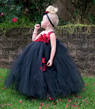 Платье-пачка с красным цветком для девочек, детское черное платье из тюля, бальное платье с бантом для волос, детский костюм для вечеринки на Хэллоуин, платья для фотосъемки