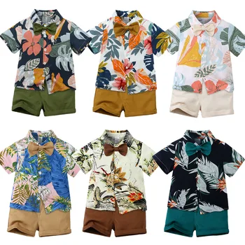 Детская одежда, рубашка с цветочным рисунком в гавайском курортном стиле, летние детские шорты с цветочным рисунком для мальчиков с короткими рукавами, комплект из двух предметов