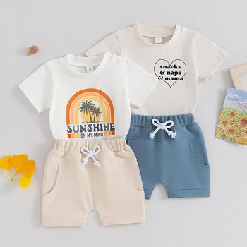 Летняя одежда для малышей, футболка с короткими рукавами и эластичными шортами с буквенным принтом, костюм для мальчиков 0-3 лет, одежда для маленьких мальчиков