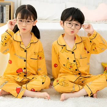 Весенние шелковые пижамные комплекты для мальчиков и девочек, повседневная мультяшная рубашка с длинными рукавами и отворотами, топы со штанами, Детская свободная домашняя одежда для сна