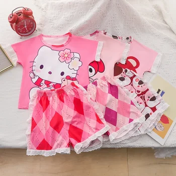 Пижамный комплект Sanrio hello kitty для девочек, новые шорты с короткими рукавами для мальчиков, пижама kuromi, летняя ночная рубашка, хлопковая детская домашняя одежда
