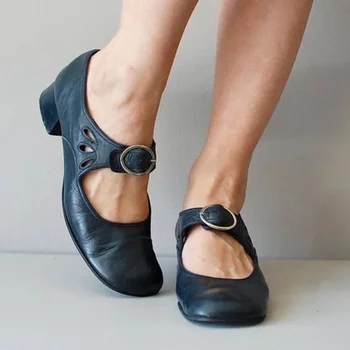 Женская обувь на высоком каблуке Весна 2023, Новая обувь на низком каблуке 40-43 с пряжкой, тонкие туфли на низком каблуке