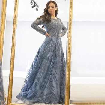 Синие мусульманские вечерние платья Sharon Said с длинным рукавом, роскошные Дубайские женщины, Арабская свадьба, Марокканский Кафтан, платье больших размеров SS063