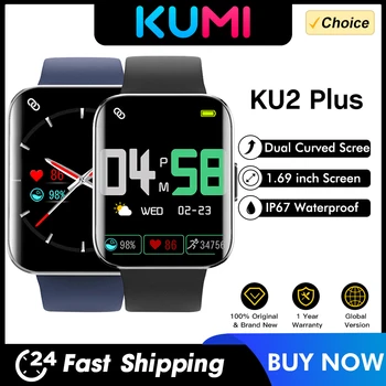 KUMI KU2 Plus 1,69-дюймовые мужские смарт-часы с двойным изогнутым экраном, фитнес-пульсометр, кислородные смарт-часы для Android IOS