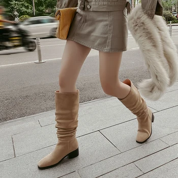 Женская зимняя простая обувь в складку, женские ботинки из коровьей замши, Корейский классический стиль, Демисезонные женские ботинки, Высокие ботинки без застежки INS