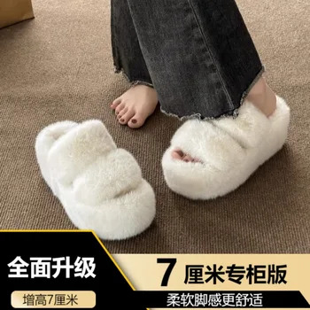Волосатые тапочки женская одежда 2023 г. новая корейская версия модной обуви ins осень и зима одно слово хлопчатобумажные туфли на толстой подошве sp