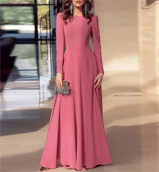 2023 Мусульманские вечерние платья с длинными рукавами и круглым вырезом трапециевидной формы, вечерние платья для выпускного вечера, платья Макси для особых случаев