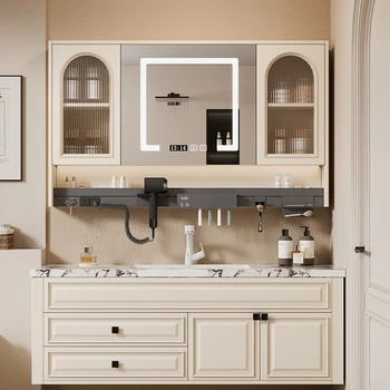 Каменная панель горячего изгиба встроенный умывальник комбинация шкафов для ванной комнаты интеллектуальный зеркальный шкаф умывальник из массива дерева для ванной комнаты