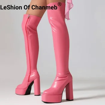 LeShion Of Chanmeb/ Шикарные Женские Ботфорты выше колена на молнии, Сапоги на очень высоком массивном каблуке, Готическая обувь на платформе, Большой Размер 48