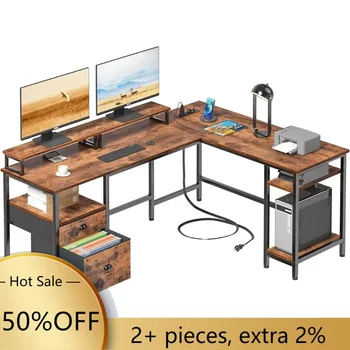 Реверсивный компьютерный стол с ящиком для файлов и 2 подставками для мониторов 66-дюймовый L-образный стол с электрической розеткой бесплатно для перевозки